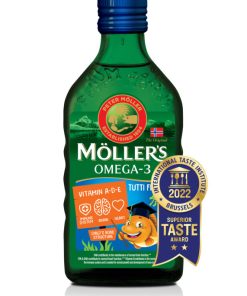 Möllers omega-3 halolaj étrend-kiegészítő a, d és e-vitaminnal, tutti-frutti ízesítéssel 250 ml