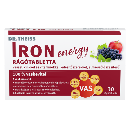 Dr.Theiss iron energy rágótabletta vassal, cinkkel és vitaminokkal alma-szőlő ízben 30 db